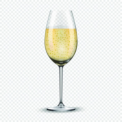 Champagne glass isolated on transparent background. Sizzling bubbles. Realistic glass for the New Year holidays. Vector illustration