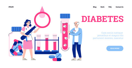 Website page interface for diabetes disease clinic or medical glucose test laboratory, flat cartoon vector illustration. Landing web page mockup for diabetes treat.