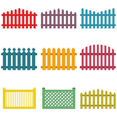 Children's, cartoon fence. Set of colored cartoon fence isolated on white background. Vector illustration.