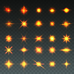 Collection of yellow flashes of light isolated on transparent background. Solar flare with rays and searchlight. Glow effect. Vector illustration