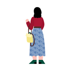 Woman brunette standing with her back, flat cartoon vector illustration isolated on white background. Modern young girl cartoon character in long skirt and sweater.