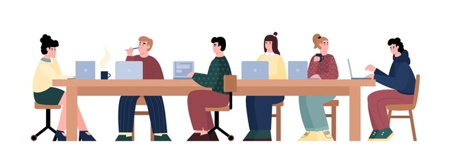 Hackathon team of programers and developers sitting at table and deciding common technical task, flat cartoon vector illustration isolated on white background.