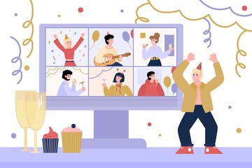 Virtual internet party with cheerful young man dancing near computer with live chat on screen, cartoon vector illustration. Online party banner template.