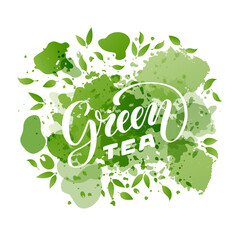 Vector illustration of green tea brush lettering for package, banner, flyer, poster, bistro, café, shop signage, advertisement design. Handwritten text for template, sign, billboard, print 
