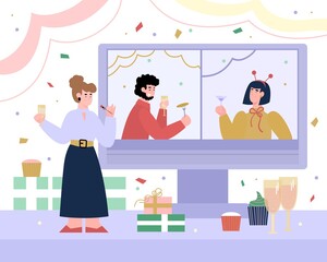Online virtual party with drinks, sweets and gifts. Distance meeting and communication with friends. Remote birthday via internet for those who stay at home. Vector illustration.