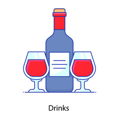 
Wine bottle with glasses, flat outline icon of drinks 
