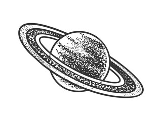 Saturn planet sketch engraving vector illustration. T-shirt apparel print design. Scratch board imitation. Black and white hand drawn image.