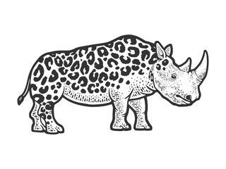 fictional animal rhinoceros leopard sketch engraving vector illustration. T-shirt apparel print design. Scratch board imitation. Black and white hand drawn image.