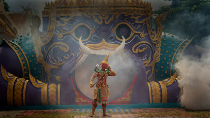 Khon is art culture Thailand Dancing in masked Tos-sa-kan and Hanuman are fighting in literature...