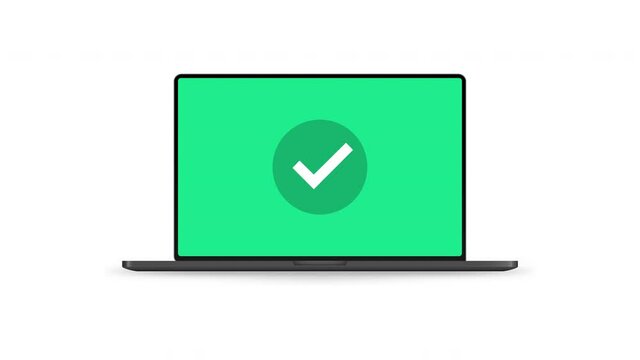 Check mark icon. Yes symbol motion graphics on laptop screen