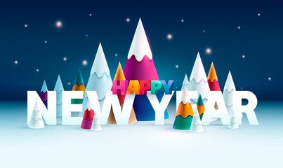 Obraz premium New year landscape. Night Christmas forest with big white inscription.