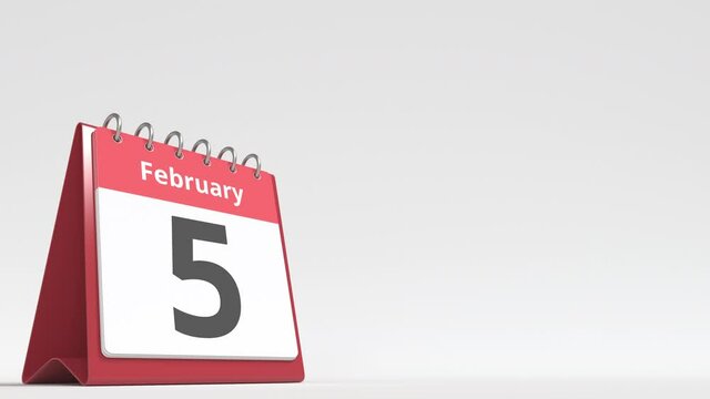 February 5 date on the flip desk calendar page, blank space for user text, 3d animation