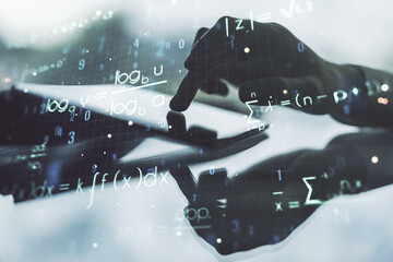 Creative scientific formula concept with finger clicks on a digital tablet on background. Multiexposure