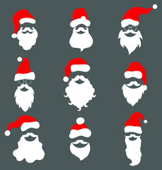 Collection of Santa Claus isolated on gray background. Santa hats, mustaches and beards. Christmas elements in a flat style for a festive face mask. Vector illustration
