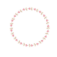 round frame with twigs with hearts for valentine's day in pink gentle colors, children's illustration in watercolor on a white background