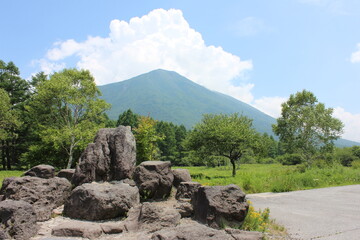 戦場ヶ原と男体山。戦場ヶ原は奥日光に広がる湿原。中禅寺湖をめぐって男体山（二荒山）と赤城山の神様がそれぞれ大蛇と大ムカデに化身し戦った場所と伝わる。