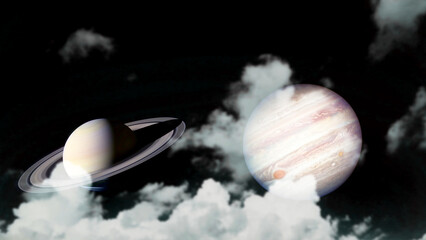 Saturn and Jupiter rise on back silhouette cloud on the night sky