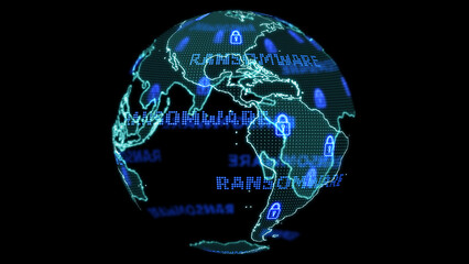 Digital global world map and technology research develpoment analysis to ransomware attack blue text