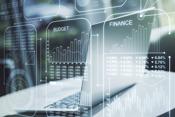 Abstract creative analytics data spreadsheet on modern computer background, analytics and analysis concept. Multiexposure