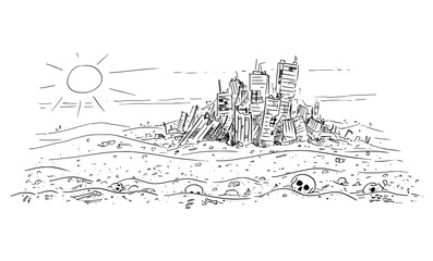 Fototapeta premium Vector cartoon drawing or illustration of abandoned desert landscape with bones and skulls, abandoned destroyed city on background. Concept of famine, epidemic, end of civilization or human extinction