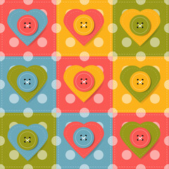 colorful patchwork with buttons and hearts