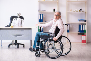 Old man in wheel-chair visiting dead doctor