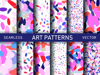 Set of multicolor art spots patterns. Acrylic brushes paint seamless backgrounds for fabric, textile, wrapping etc.