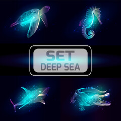 Set marine animals. illustration. The   sea horse, crocodile, shark, turtle consist of lines.Digital elements design  for business cards, invitations, gift cards, flyers and brochures, web.