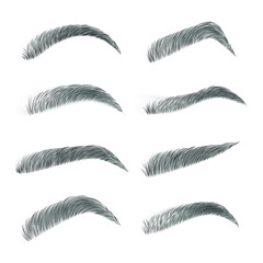 Black eyebrow pack. Various types of eyebrows. Classic type and different eyebrow thickness. Black eyebrow pack. Eyebrows isolated on white background. Vector illustration