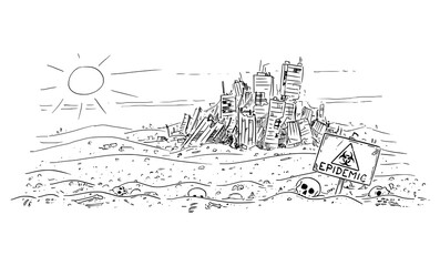 Vector cartoon drawing or illustration of abandoned desert landscape with bones and skulls, abandoned city on background. Concept of epidemic, pandemic, coronavirus or covid-19 virus.