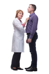 Doctor listening to patients heartbeat with stethoscope