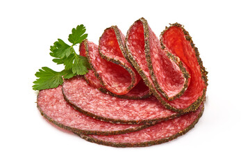 Peppered salami slices, isolated on white background