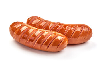 Fried pork sausages, isolated on white background