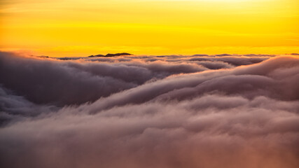 Mountain peaks over the clouds. An unigue vista. Bieszczady National Park. Carpathians. Poland.