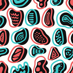 vector green and red doodle freeform lines overlapped on black seamless pattern