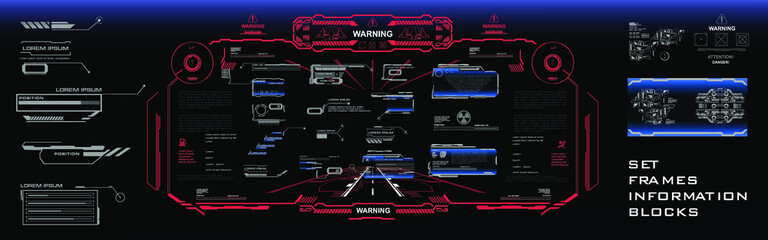 Gaming Futuristic user interface with set of elements for HUD, GUI, UI screen. High-tech video game screen with warning frame. Frames and Leader Elements