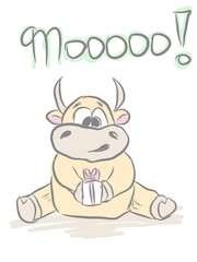 funny bull cow sitting with a gift in his hands. the gentle tones. manual hand drawing.