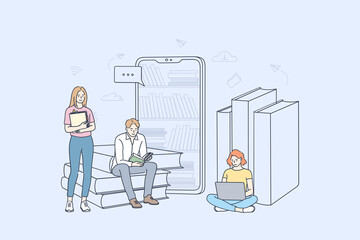 Online library and elearning concept. Group of young students cartoon characters learning online, reading e-books and studying with smartphones and laptops better illustration 