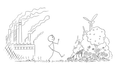 Vector cartoon stick figure illustration of man walking from place with nature destroyed by pollution from heavy industry and coal plants, to nice future of renewable resources of energy.