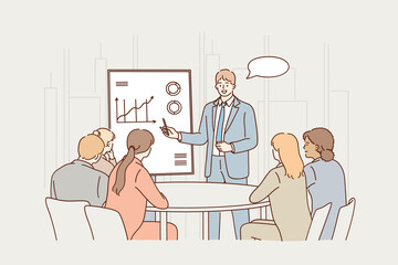 Business meeting, presentation, coaching concept. Group of young business workers partners sitting in office and listening to businessman colleague presentation on marketing data development 