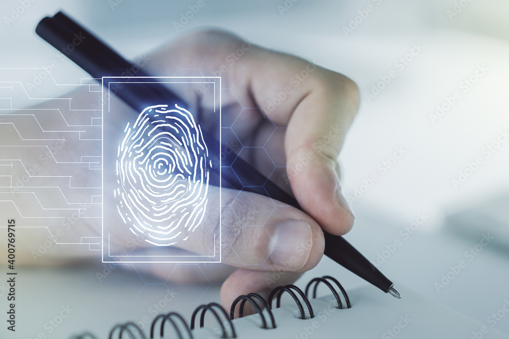 Poster Multi exposure of abstract creative fingerprint illustration with man hand writing in notebook on background, digital access concept