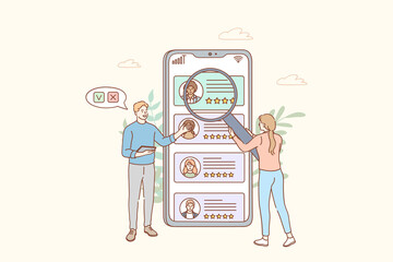 Human resources management, recruitment concept. People looking and choosing candidates for vacancies and company positions online on smartphone application during recruitment process 