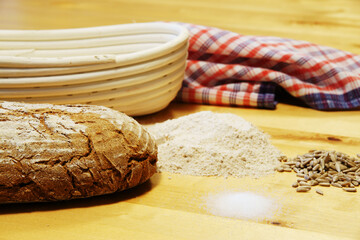 home-baked bread with flour and salt, copy space