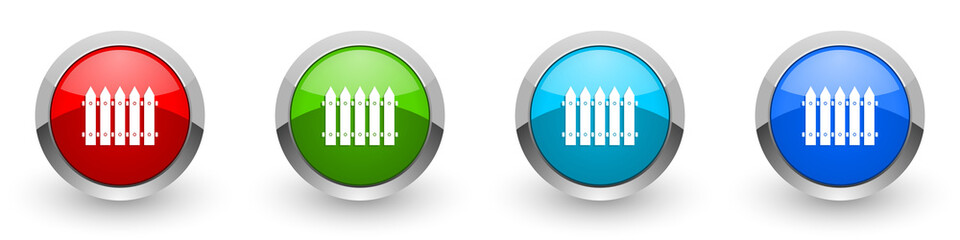 Wooden fence, barrier silver metallic glossy icons, set of modern design buttons for web, internet and mobile applications in four colors options isolated on white background