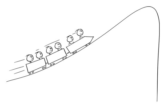 Vector cartoon stick figure illustration of group of people or businessmen riding on economical or financial roller-coaster facing depression, drop or crisis.