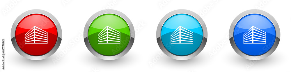 Fototapete Modern design office building silver metallic glossy icons, set of modern design buttons for web, internet and mobile applications in four colors options isolated on white background