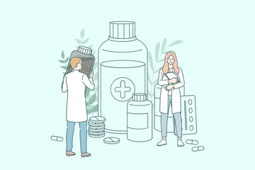 Pharmacy shop concept. Young people doctors pharmacists working between drugs bottles and jars and various medicaments in pharmacy store vector illustration Vector Illustration. - obrazy, fototapety, plakaty