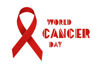 Red ribbon and lettering World Cancer Day. Vector illustration.