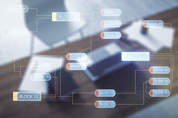 Multi exposure of abstract creative coding sketch and modern desktop with computer on background, artificial intelligence and neural networks concept