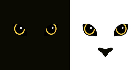 Cat or panther eyes isolated on black and white background. Vector illustration.